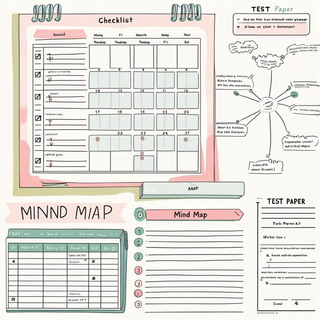 Illustration of a checklist, calendar, mind map, or test paper layout.